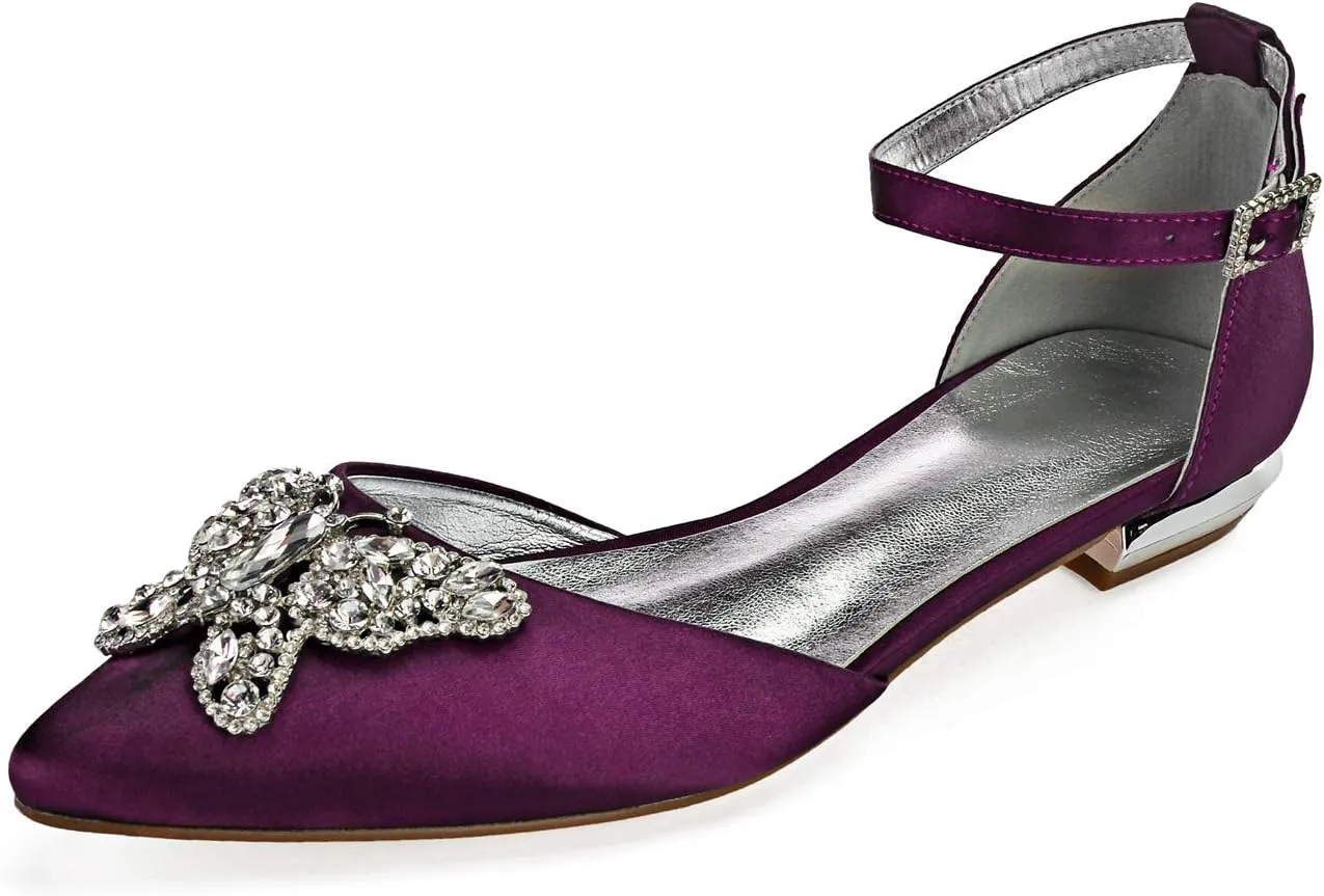 Women's Pointed Toe Wedding Flats for Bride Buckle Satin Wedding Bridal Shoes Formal Prom Party Dress Pumps