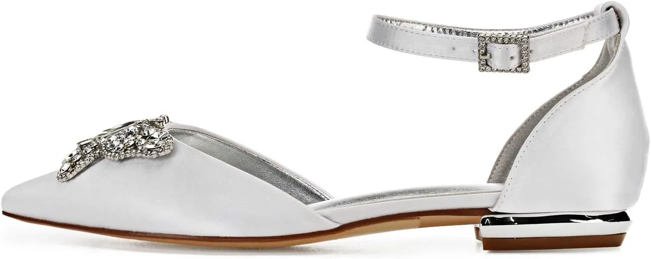 Women's Pointed Toe Wedding Flats for Bride Buckle Satin Wedding Bridal Shoes Formal Prom Party Dress Pumps