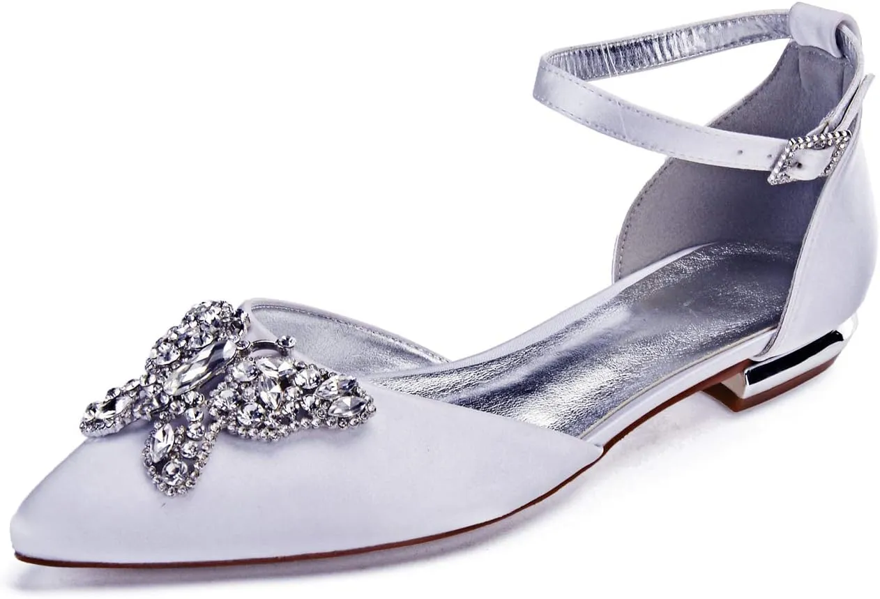Women's Pointed Toe Wedding Flats for Bride Buckle Satin Wedding Bridal Shoes Formal Prom Party Dress Pumps