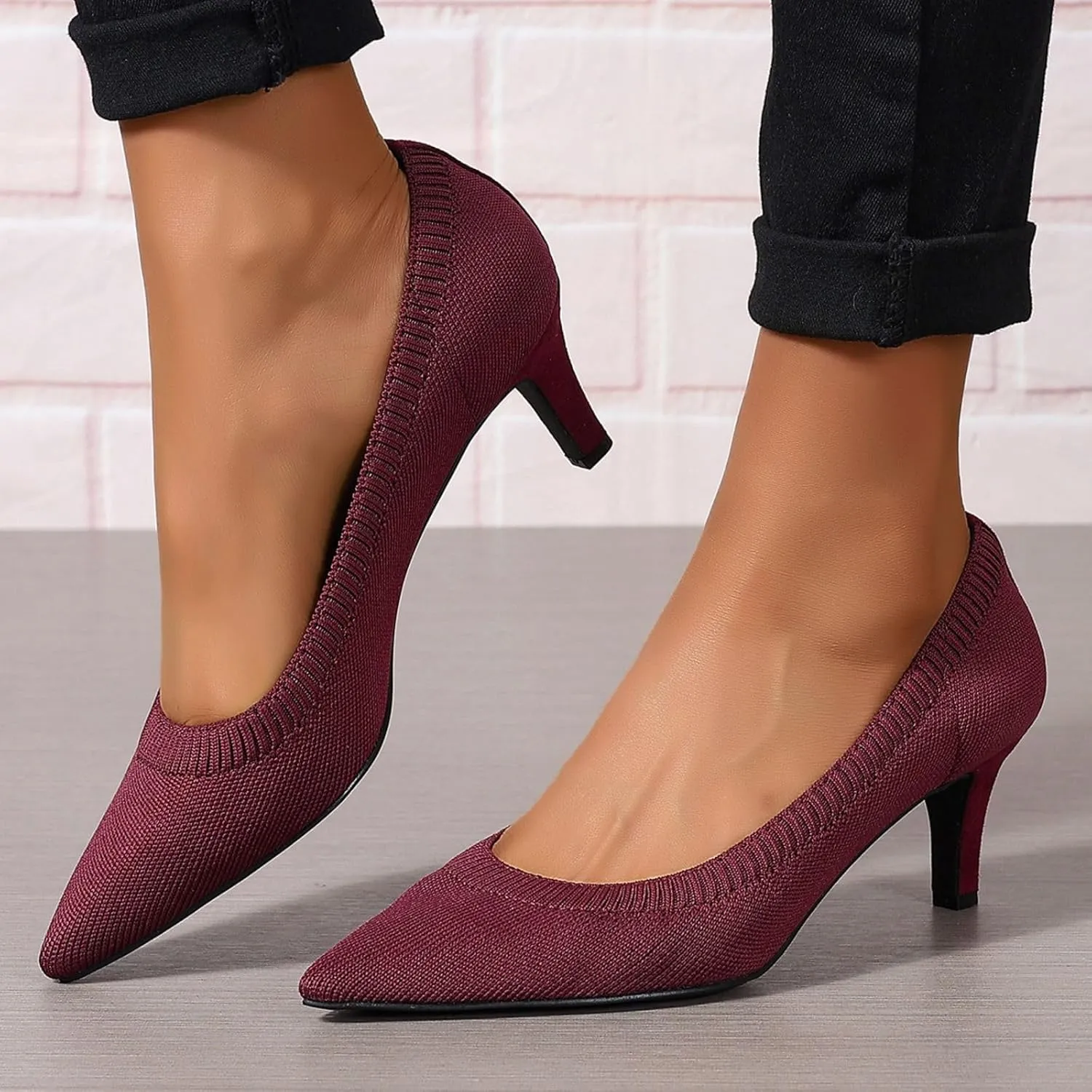 Women's Pumps Kitten Heel Pump Shoes Pointed Toe Knit Comfortable Casual Party Dressy Low Heel Dress Shoes