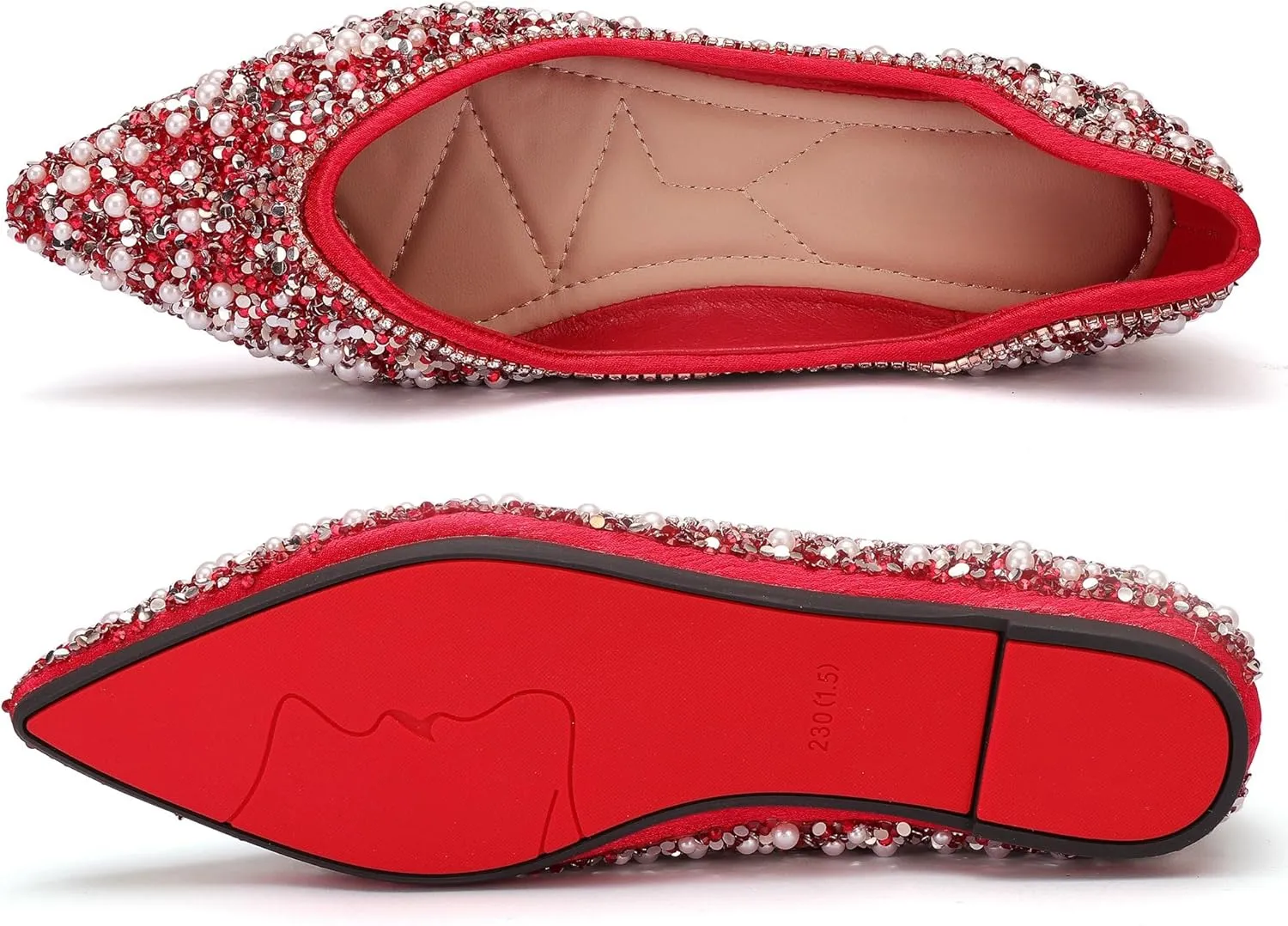 Women's Rhinestone Flats Fashion Pointed Toe Pearl Diamond Low Heel Dress Wedding Flats Work Business Dance Ballet Flats