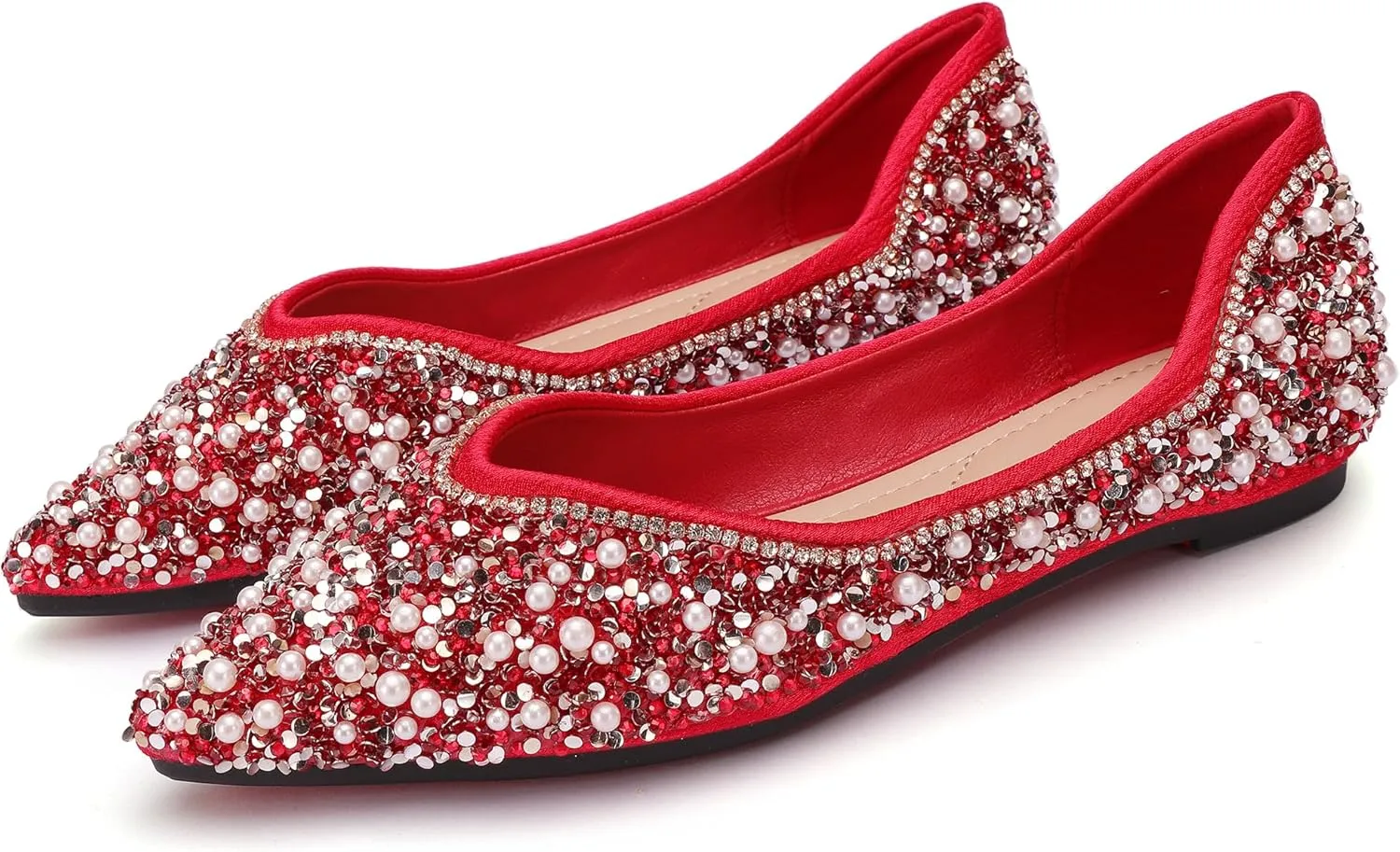 Women's Rhinestone Flats Fashion Pointed Toe Pearl Diamond Low Heel Dress Wedding Flats Work Business Dance Ballet Flats