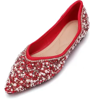 Women's Rhinestone Flats Fashion Pointed Toe Pearl Diamond Low Heel Dress Wedding Flats Work Business Dance Ballet Flats