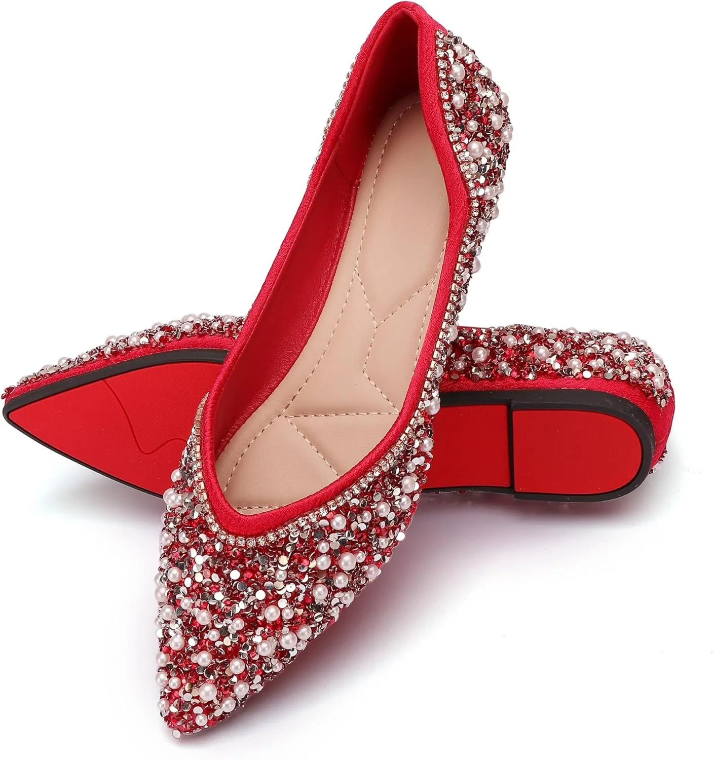 Women's Rhinestone Flats Fashion Pointed Toe Pearl Diamond Low Heel Dress Wedding Flats Work Business Dance Ballet Flats