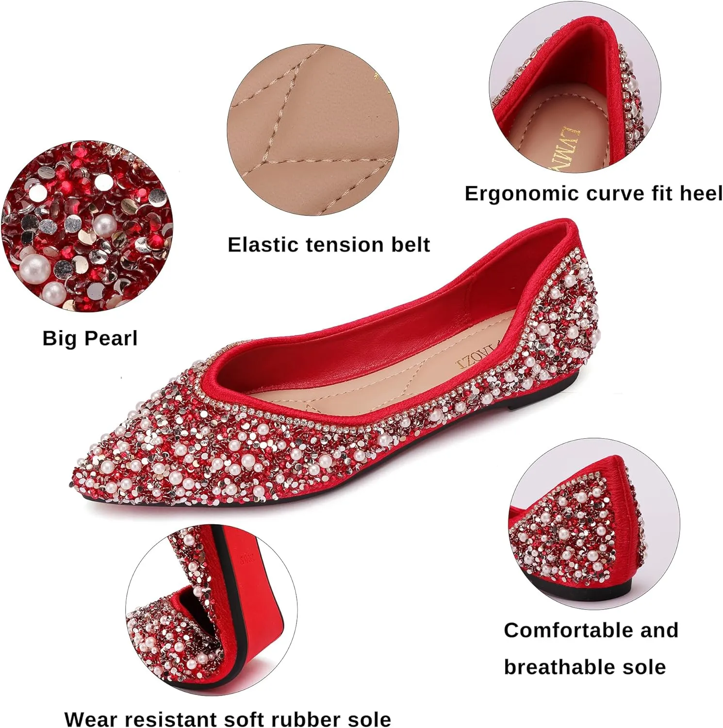 Women's Rhinestone Flats Fashion Pointed Toe Pearl Diamond Low Heel Dress Wedding Flats Work Business Dance Ballet Flats