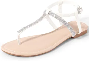 Womens Rhinestone Sandals T-Strap Crystal Flat Dressy Adjustable Ankle Thong Summer Sandals