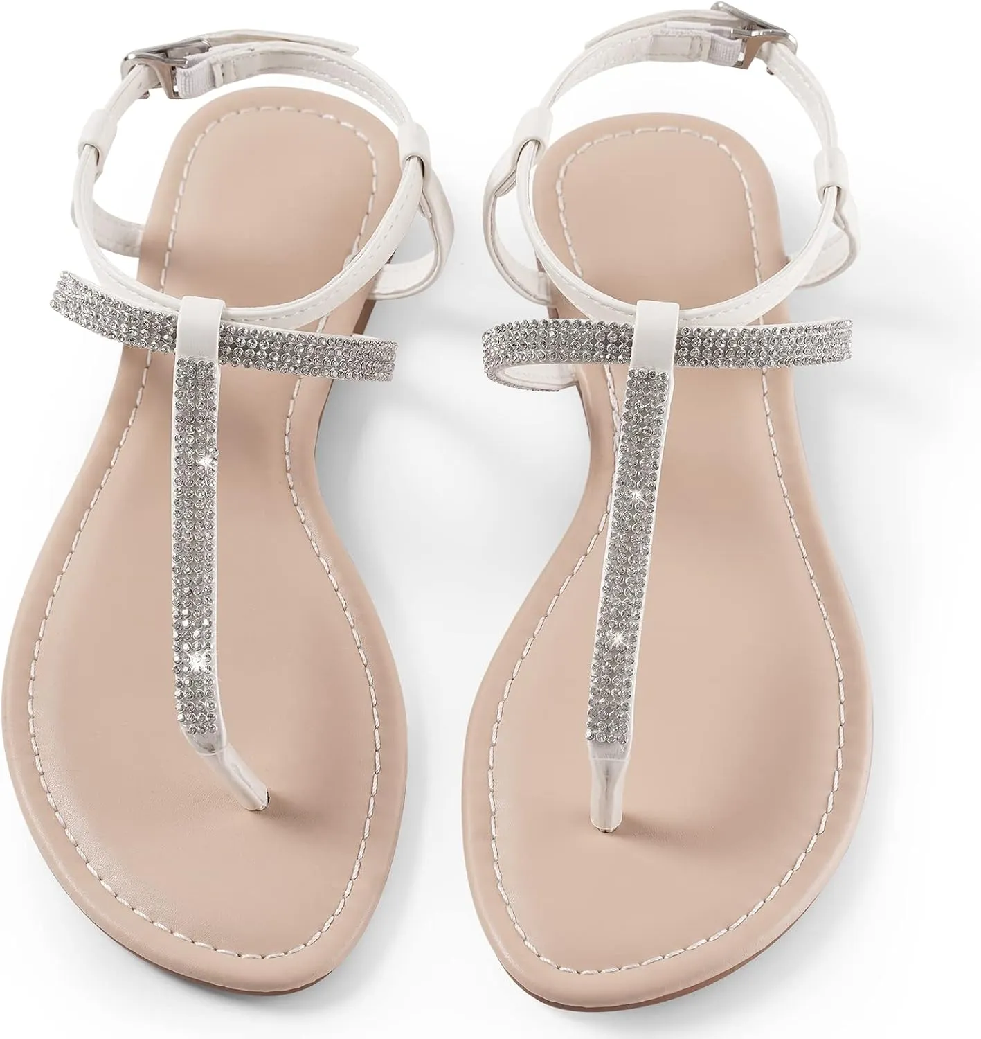 Womens Rhinestone Sandals T-Strap Crystal Flat Dressy Adjustable Ankle Thong Summer Sandals