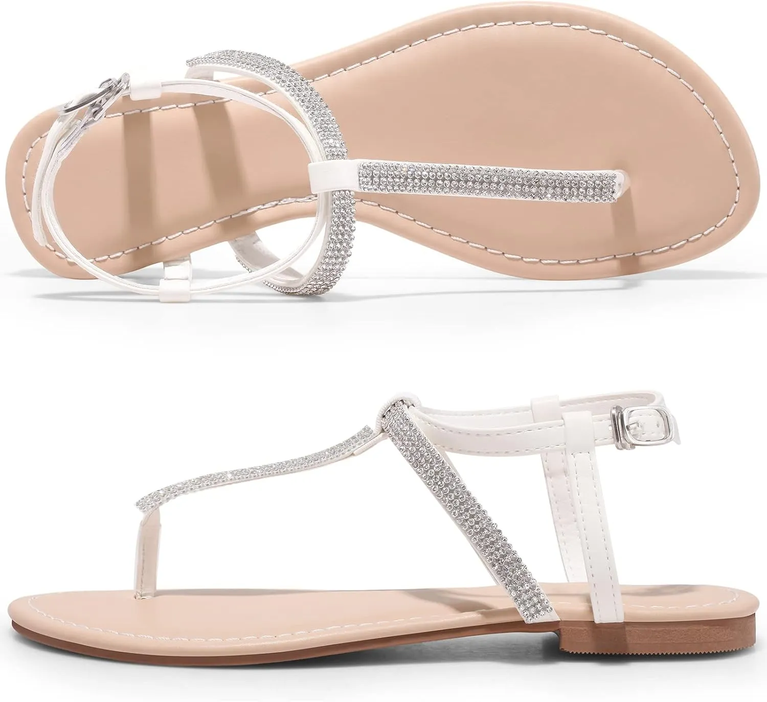 Womens Rhinestone Sandals T-Strap Crystal Flat Dressy Adjustable Ankle Thong Summer Sandals