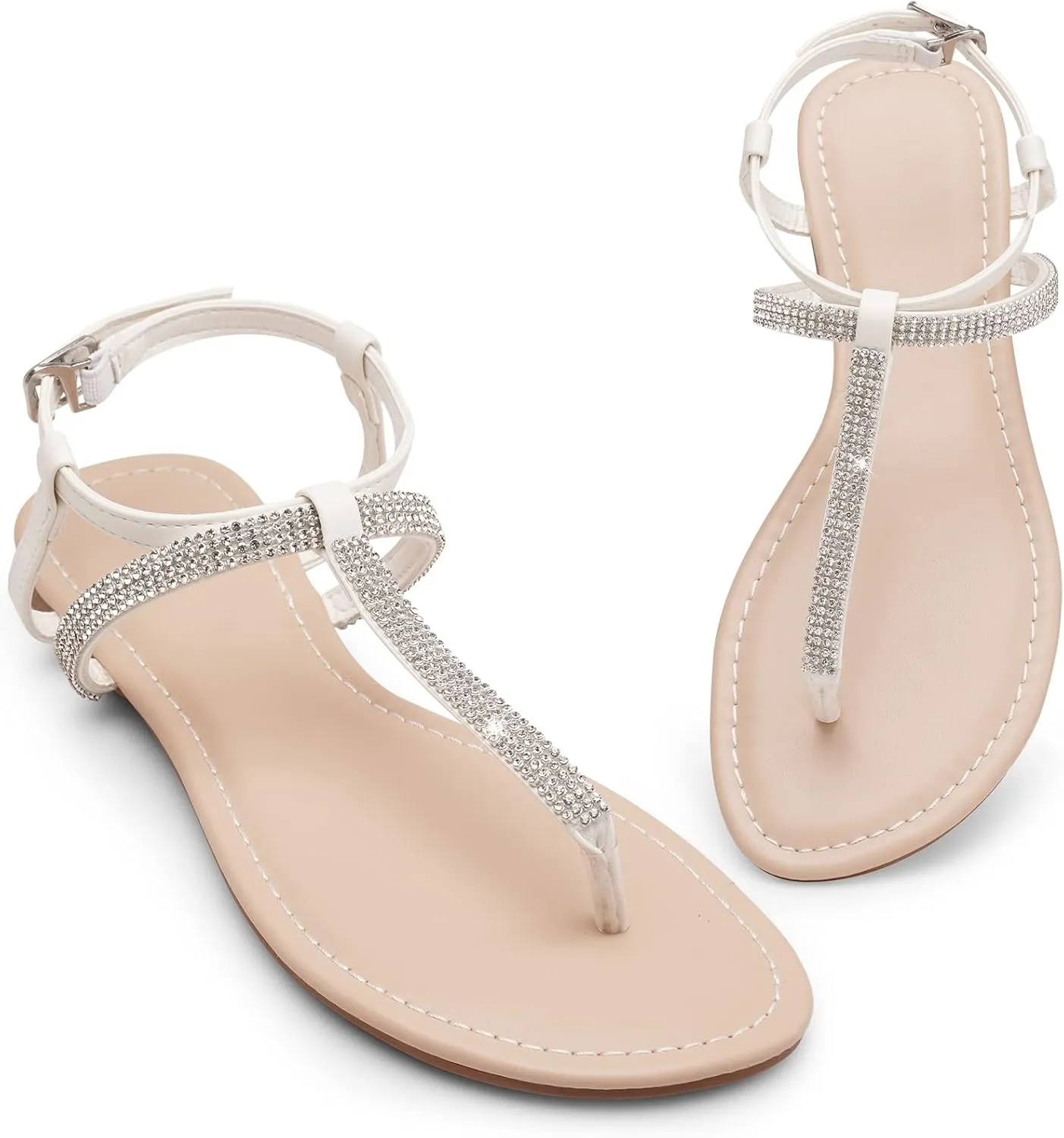 Womens Rhinestone Sandals T-Strap Crystal Flat Dressy Adjustable Ankle Thong Summer Sandals
