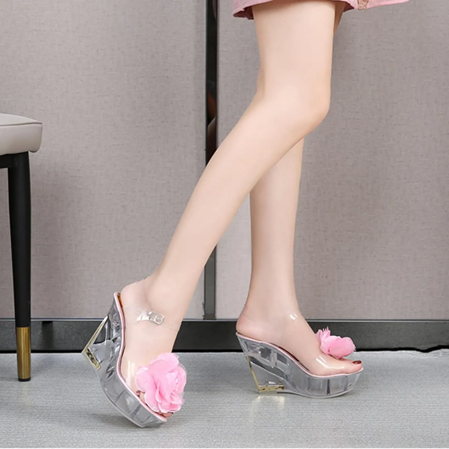 Women's Sandals Wedge 10CM Nightclub High Heels Flower Heels Women's Shoes Catwalk Pole Dance Crystal Sole Sandals