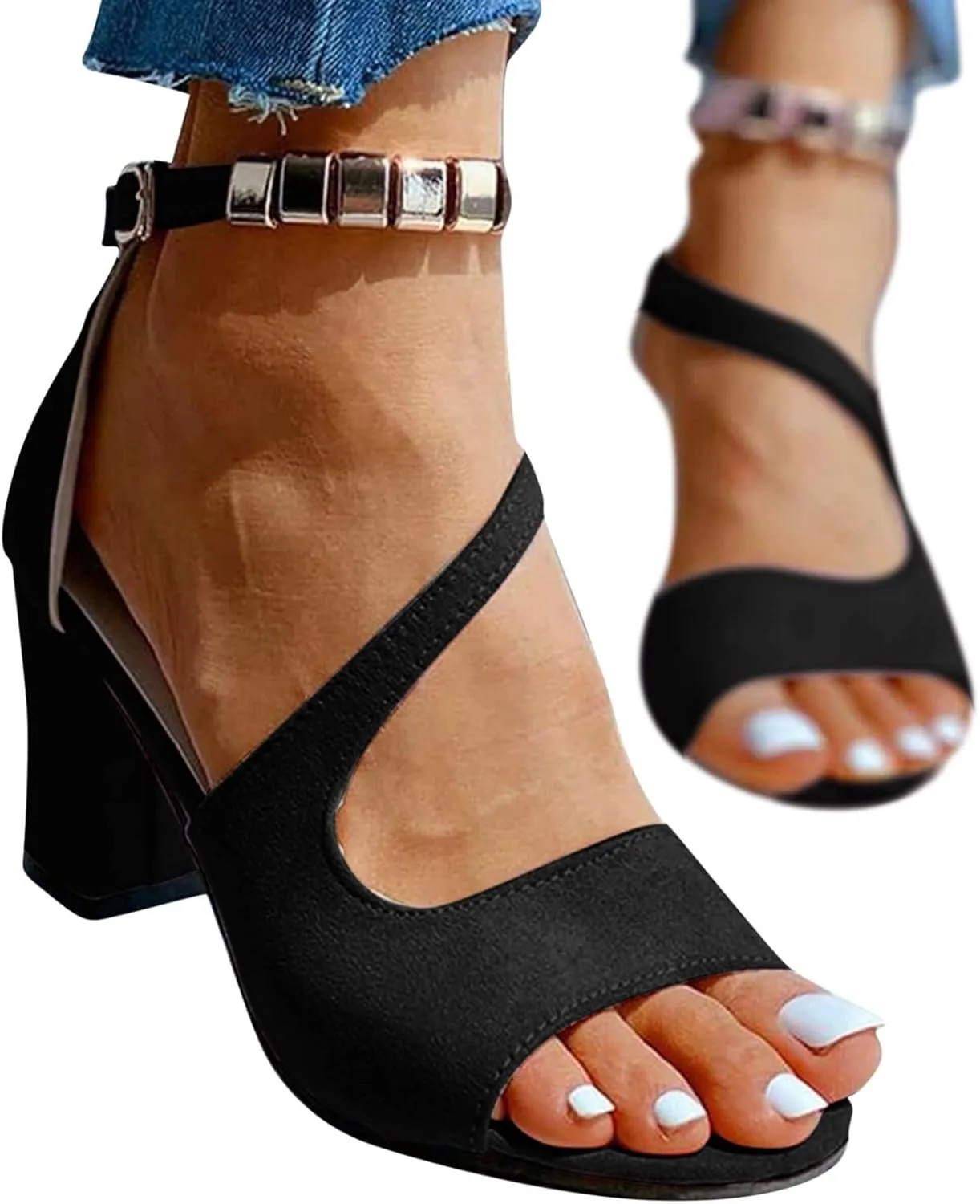 Womens Sandalsopen Toe Dressy Block Heel Sandals Fashion Ankle Strappy Heels Dress Wedding Bridal Shoes