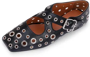 Women's Square Toe Ballet Flats Studded Grommet Cross Buckle Mary Jane Shoes