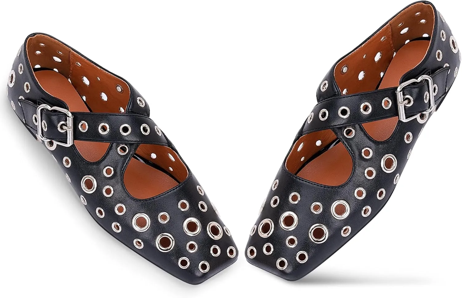Women's Square Toe Ballet Flats Studded Grommet Cross Buckle Mary Jane Shoes