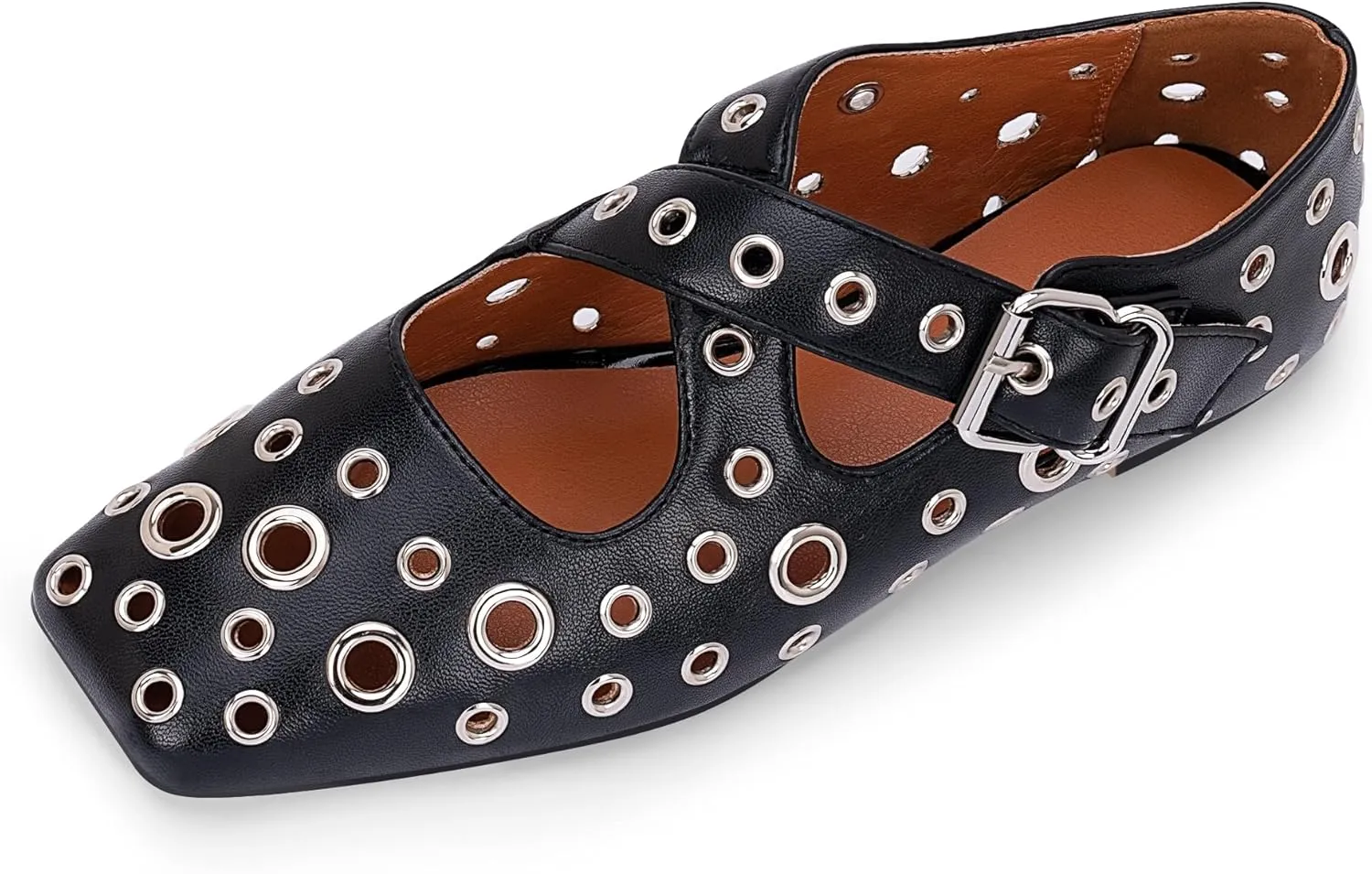 Women's Square Toe Ballet Flats Studded Grommet Cross Buckle Mary Jane Shoes