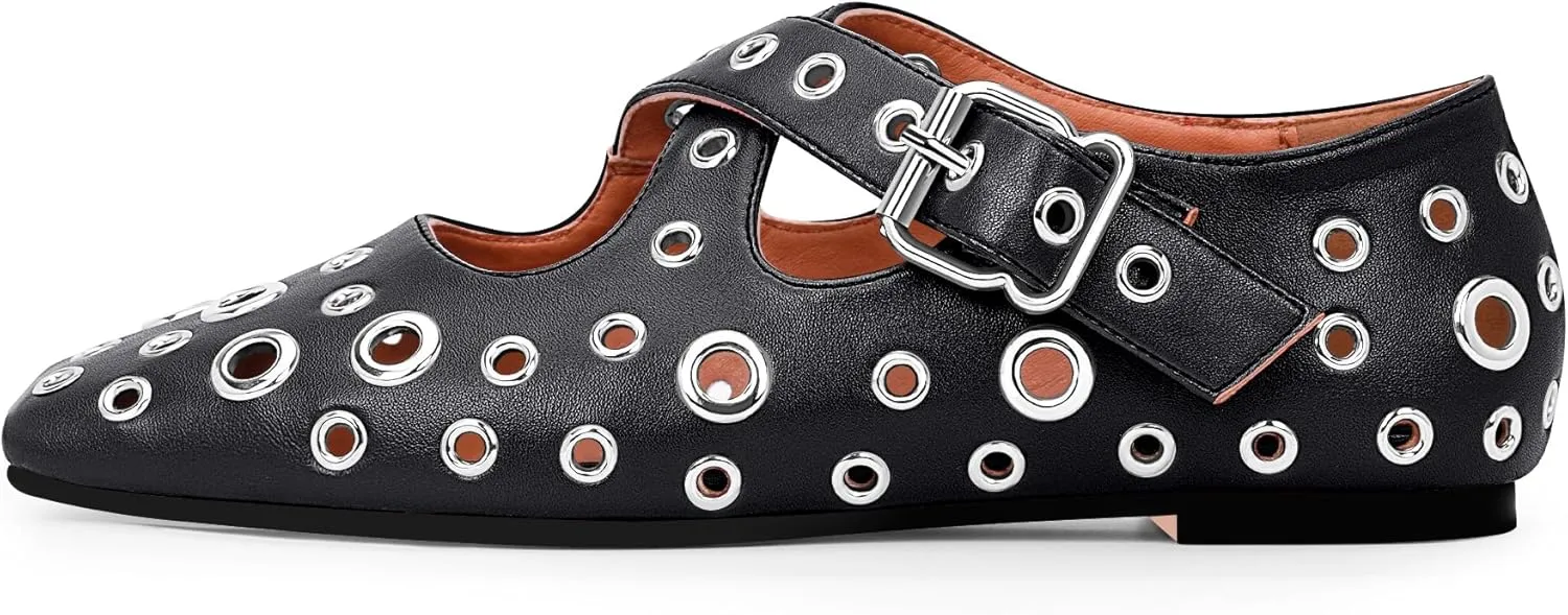 Women's Square Toe Ballet Flats Studded Grommet Cross Buckle Mary Jane Shoes
