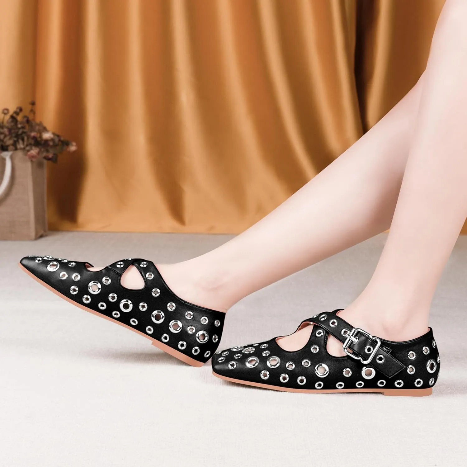 Women's Square Toe Ballet Flats Studded Grommet Cross Buckle Mary Jane Shoes