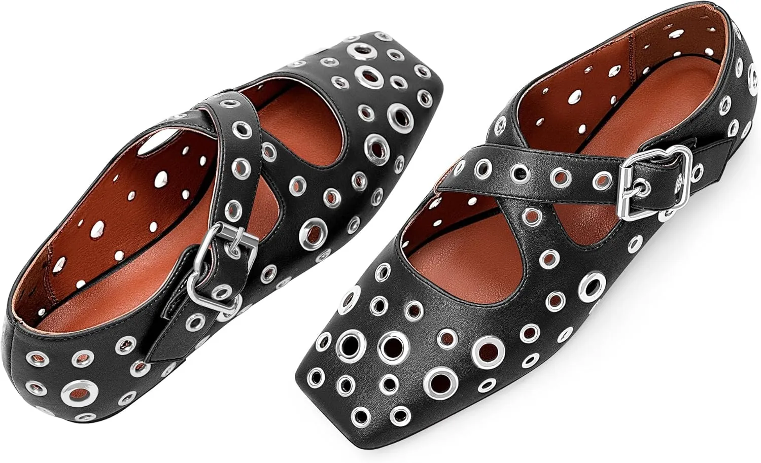 Women's Square Toe Ballet Flats Studded Grommet Cross Buckle Mary Jane Shoes