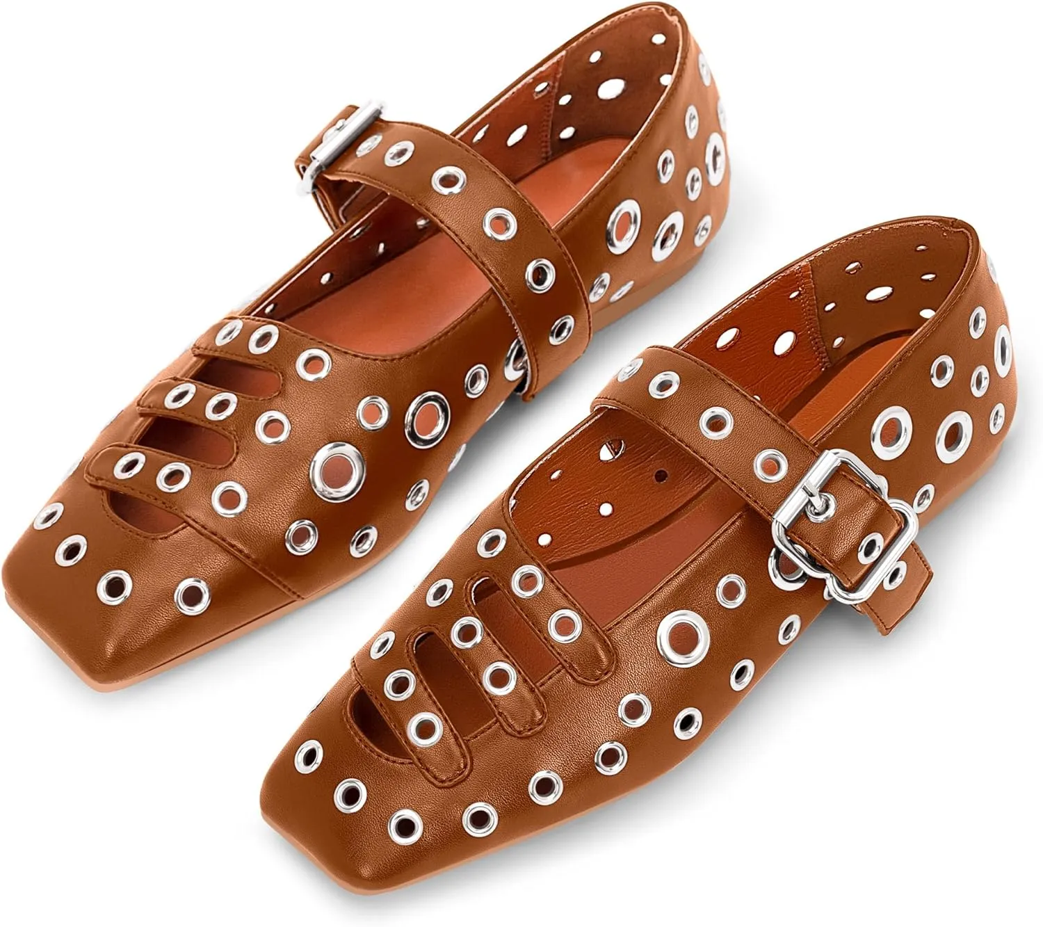 Women's Square Toe Ballet Flats Studded Metal Eyelet Perforated Hollow Out Buckle Mary Janes Shoes