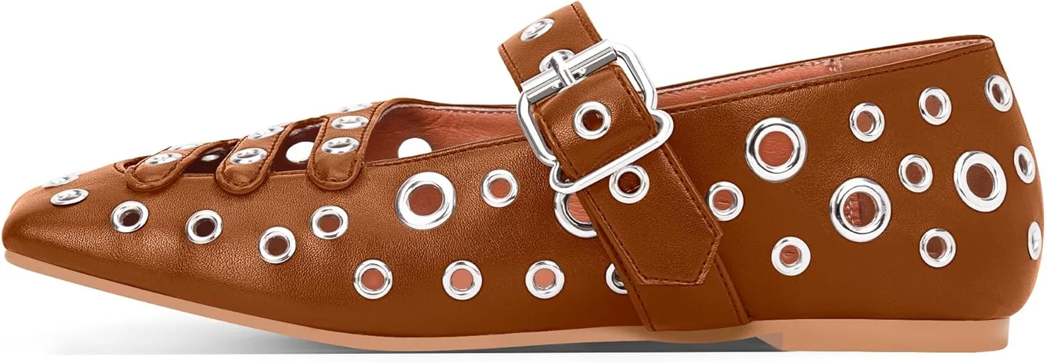 Women's Square Toe Ballet Flats Studded Metal Eyelet Perforated Hollow Out Buckle Mary Janes Shoes