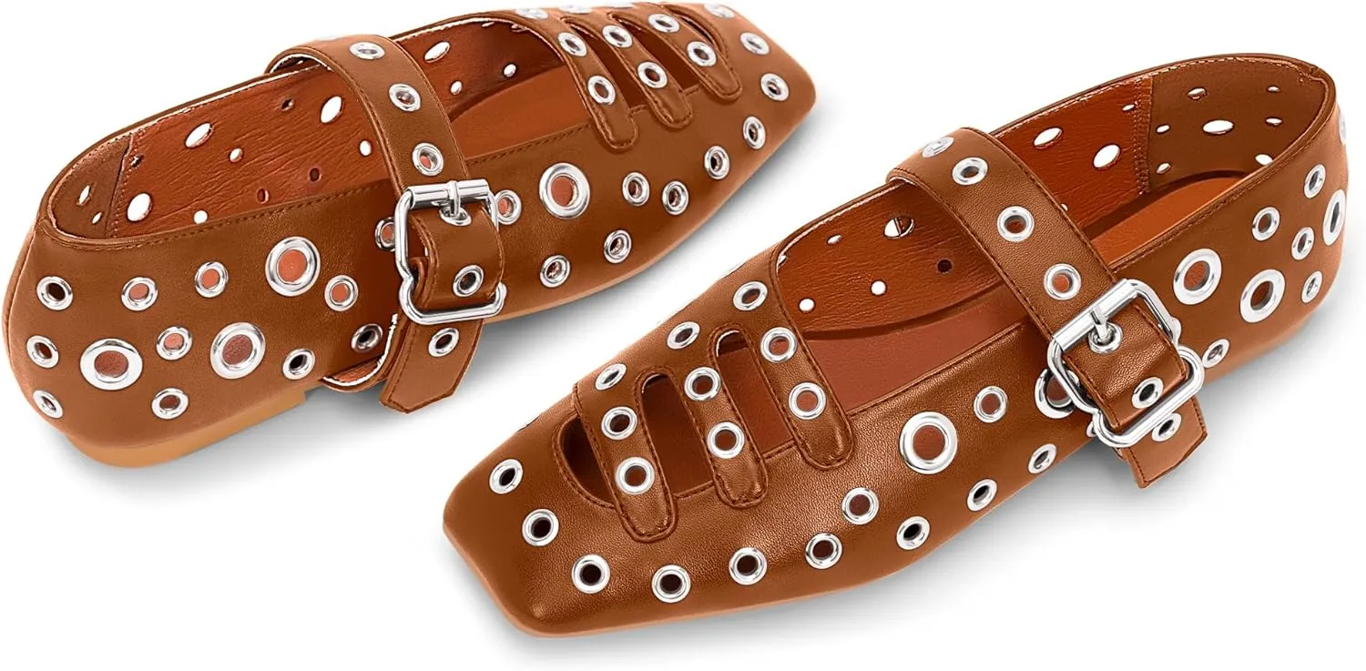 Women's Square Toe Ballet Flats Studded Metal Eyelet Perforated Hollow Out Buckle Mary Janes Shoes