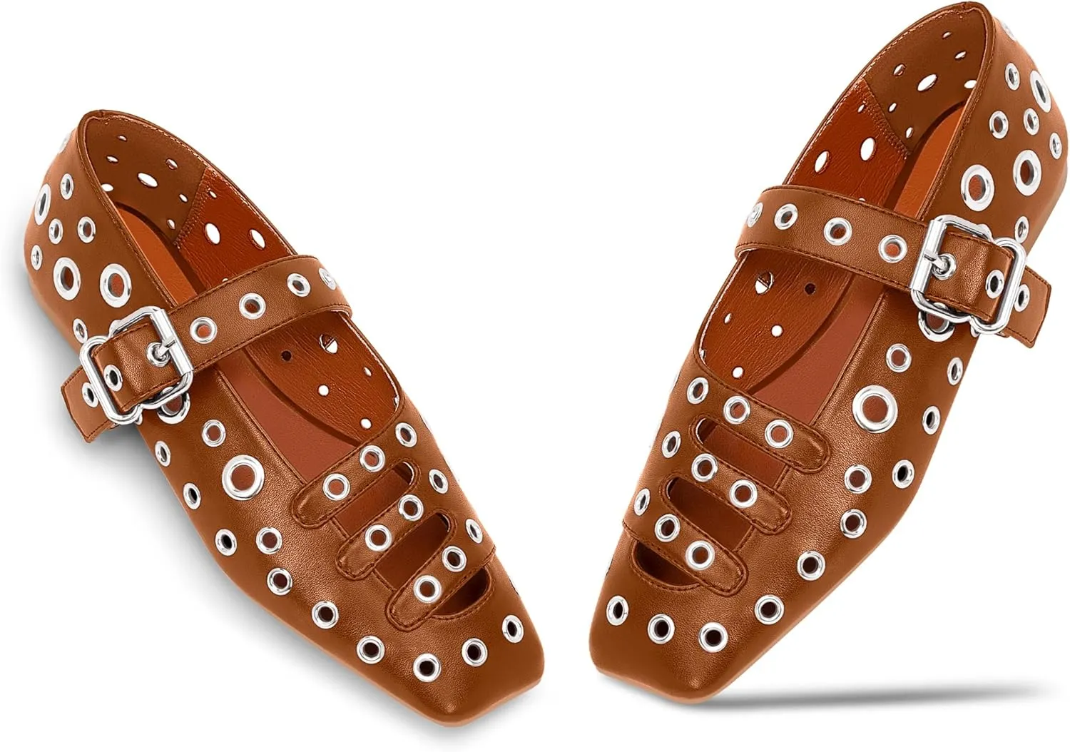 Women's Square Toe Ballet Flats Studded Metal Eyelet Perforated Hollow Out Buckle Mary Janes Shoes