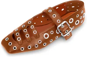 Women's Square Toe Ballet Flats Studded Metal Eyelet Perforated Hollow Out Buckle Mary Janes Shoes