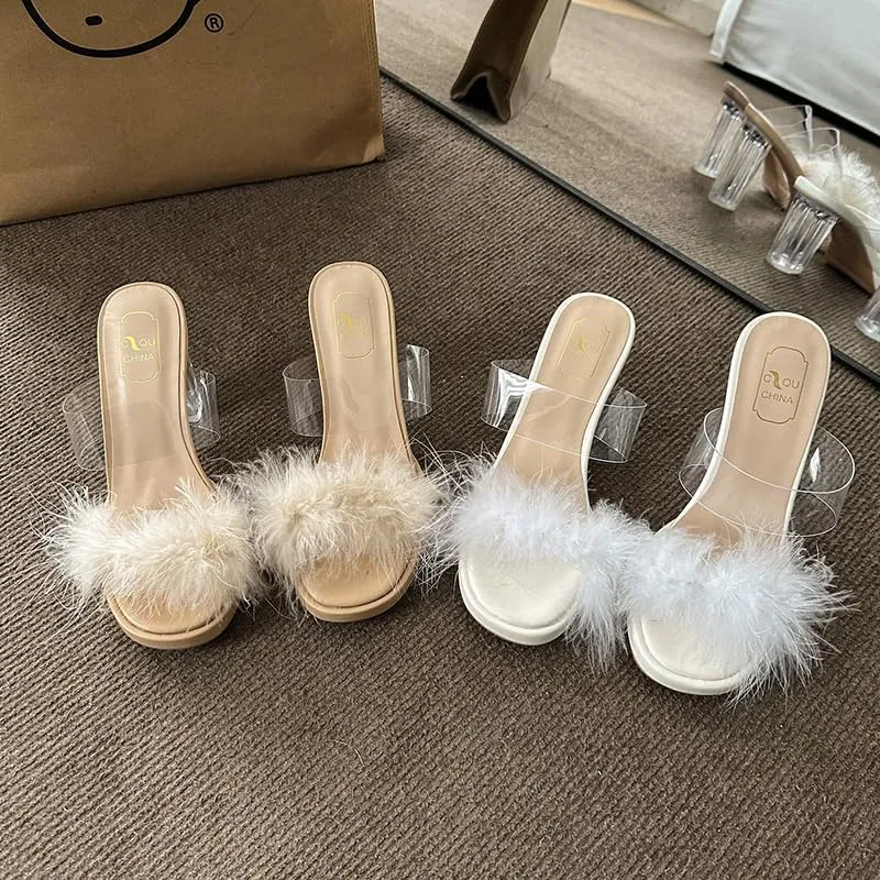 Womens Square Toe Feathers High Heel Fur Mules Sandals Fuzzy Heels Fluffy Heels Wedding Bridal Party Dress Shoes