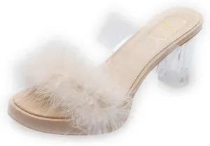 Womens Square Toe Feathers High Heel Fur Mules Sandals Fuzzy Heels Fluffy Heels Wedding Bridal Party Dress Shoes