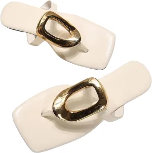 Women's Strappy Flat Flip Flops with Metal Decoration Slip on Square Open Toe Low Heel Thong Slides Sandals for Summer Beach