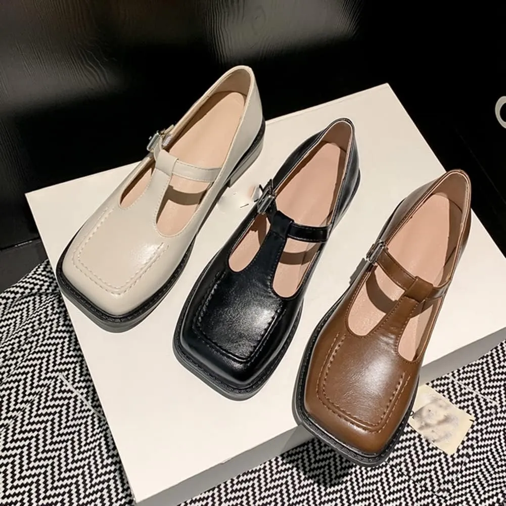 Women's T-Strap Mary Jane Flat Pumps Closed Square Toe Dress Pumps
