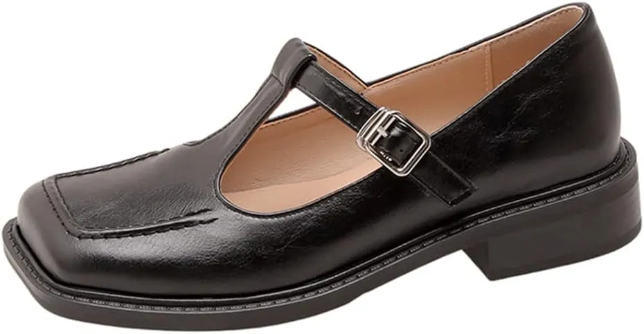Women's T-Strap Mary Jane Flat Pumps Closed Square Toe Dress Pumps