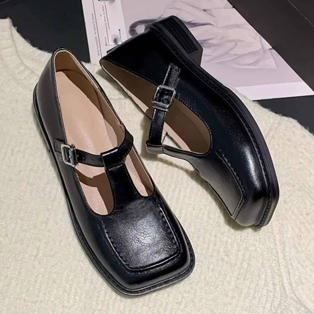 Women's T-Strap Mary Jane Flat Pumps Closed Square Toe Dress Pumps
