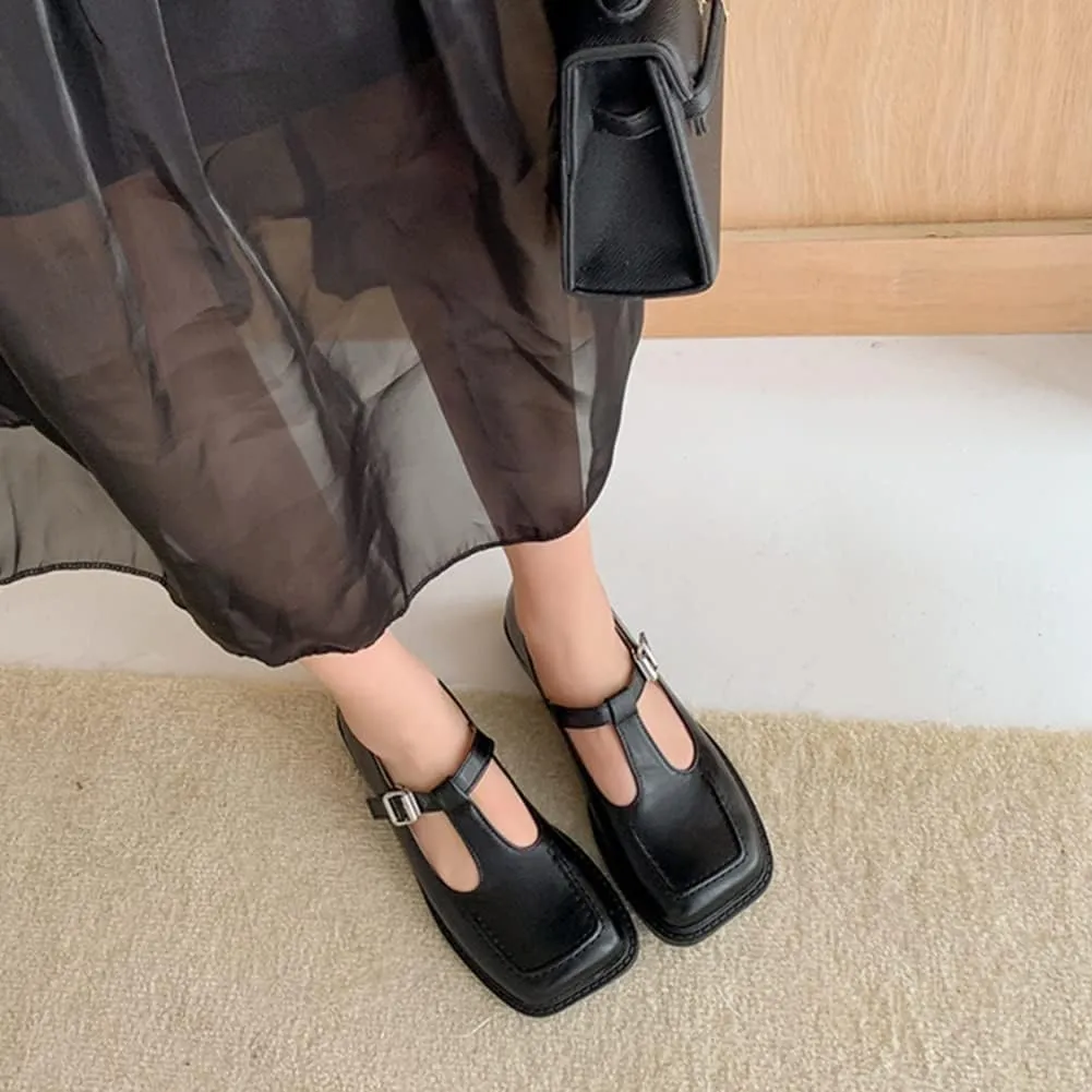 Women's T-Strap Mary Jane Flat Pumps Closed Square Toe Dress Pumps