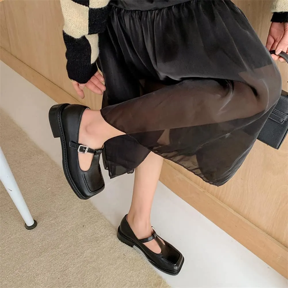 Women's T-Strap Mary Jane Flat Pumps Closed Square Toe Dress Pumps