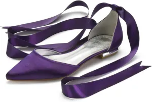 Women's Wedding Shoes Flats for Bridesmaids Closed Toe Satin Bridal Dressy Bridal Flats Shoes with Ribbon