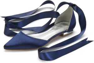 Women's Wedding Shoes Flats for Bridesmaids Closed Toe Satin Bridal Dressy Bridal Flats Shoes with Ribbon