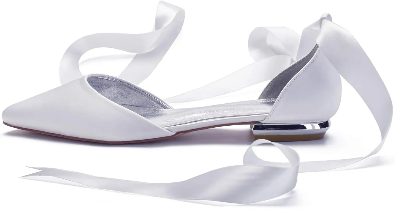 Women's Wedding Shoes Flats for Bridesmaids Closed Toe Satin Bridal Dressy Bridal Flats Shoes with Ribbon