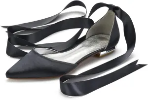 Women's Wedding Shoes Flats for Bridesmaids Closed Toe Satin Bridal Dressy Bridal Flats Shoes with Ribbon