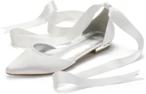 Women's Wedding Shoes Flats for Bridesmaids Closed Toe Satin Bridal Dressy Bridal Flats Shoes with Ribbon