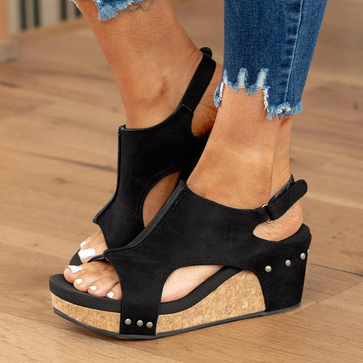 Womens Wedge Sandals, Platform Wedge Heels Sandals with Ankle Strap Open Toe Cork Wedges Comfortable Casual Dressy Summer Shoes (a-Black, 8)