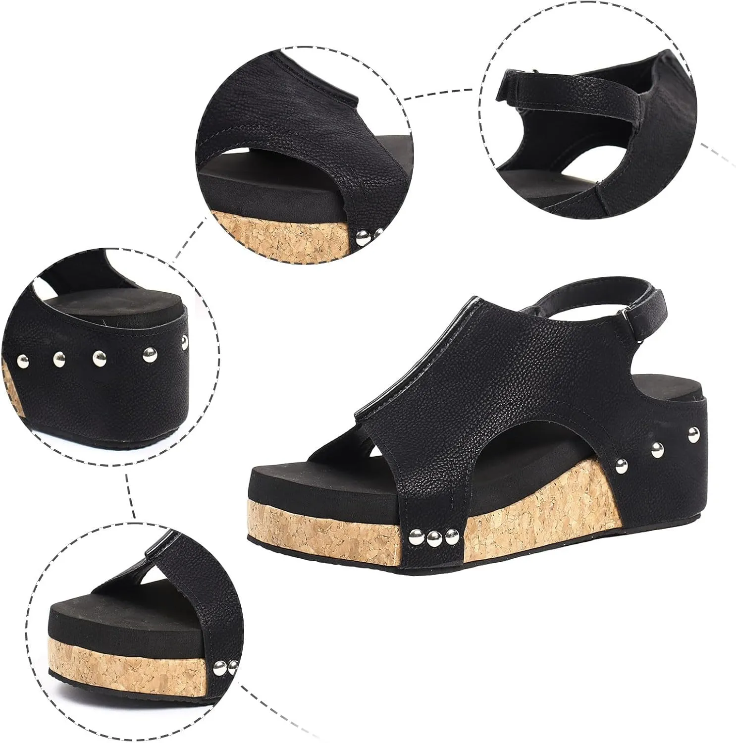 Womens Wedge Sandals, Platform Wedge Heels Sandals with Ankle Strap Open Toe Cork Wedges Comfortable Casual Dressy Summer Shoes (a-Black, 8)