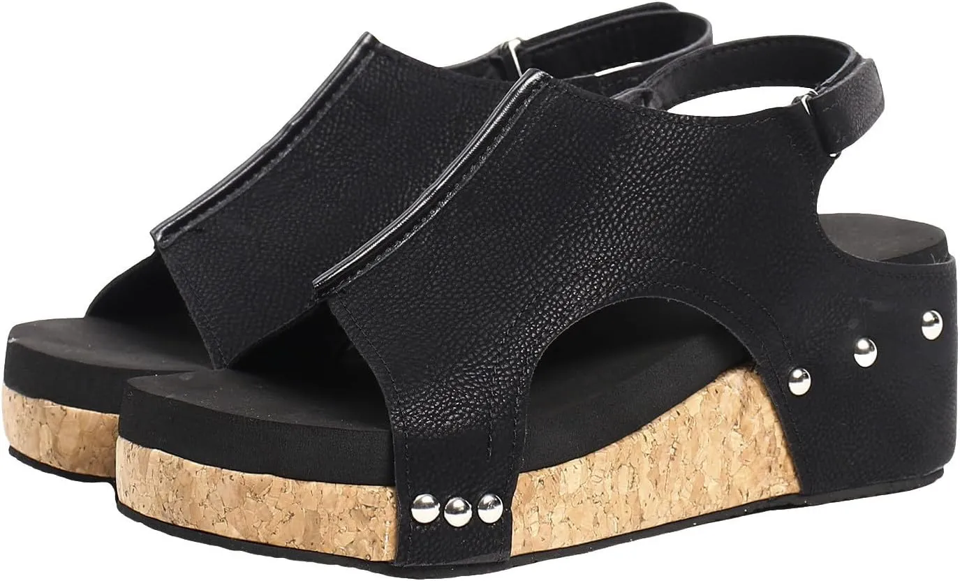 Womens Wedge Sandals, Platform Wedge Heels Sandals with Ankle Strap Open Toe Cork Wedges Comfortable Casual Dressy Summer Shoes (a-Black, 8)