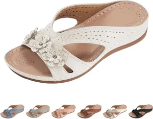 Women's Wide Width Sandals for Beach Walking Summer Fancy Flower Slippers with Arch Support Flat Slides