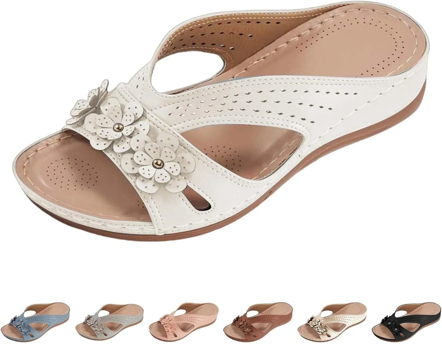 Women's Wide Width Sandals for Beach Walking Summer Fancy Flower Slippers with Arch Support Flat Slides