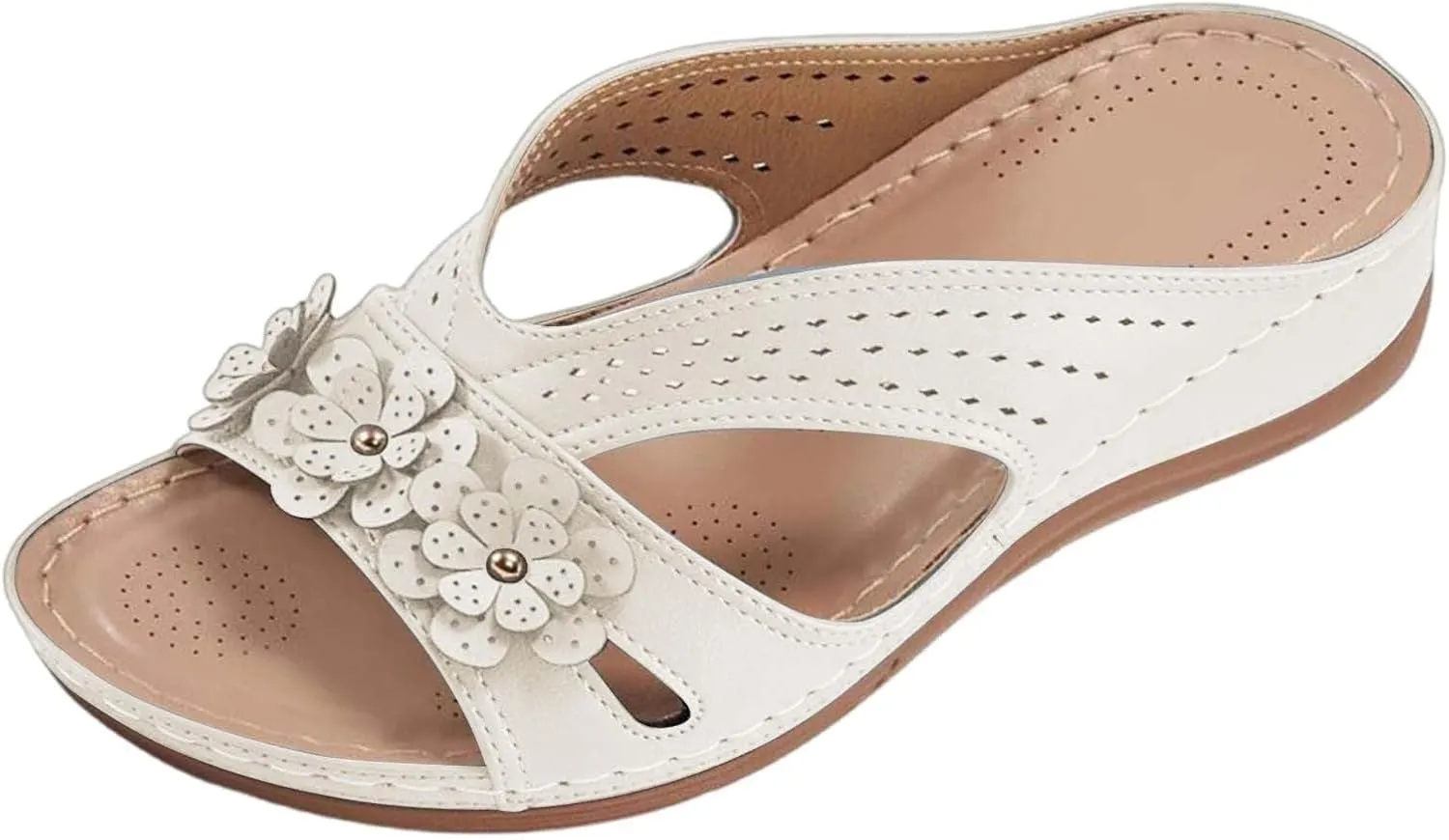 Women's Wide Width Sandals for Beach Walking Summer Fancy Flower Slippers with Arch Support Flat Slides