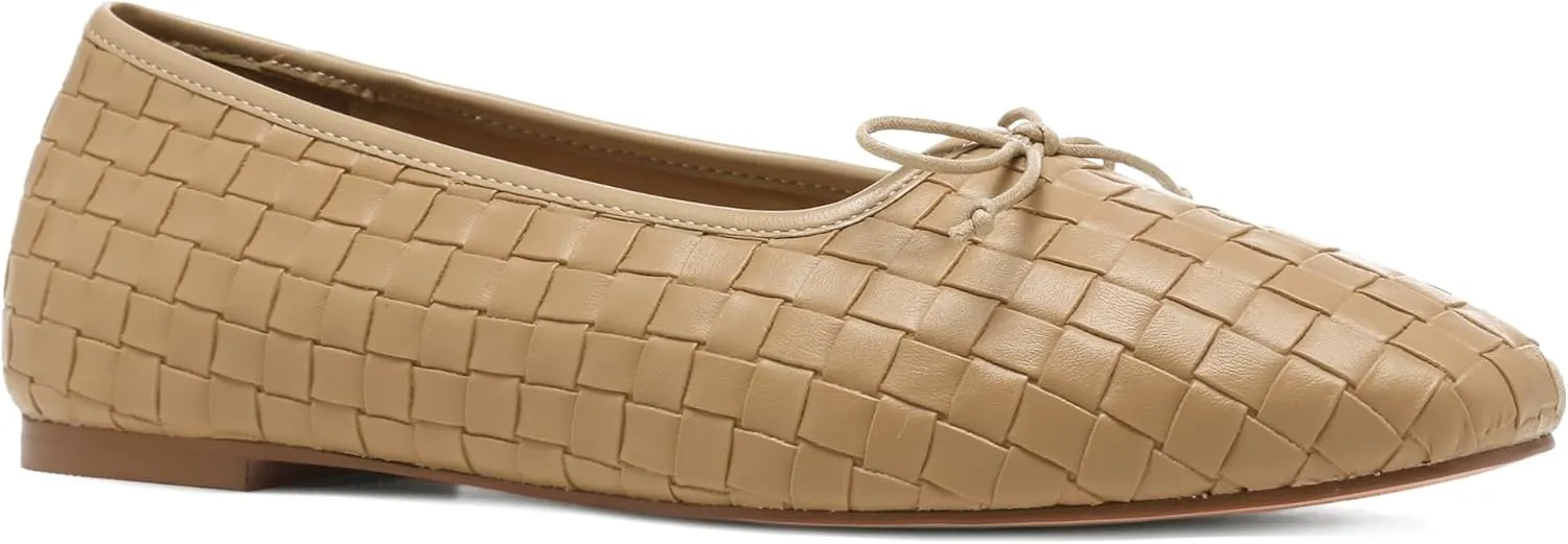 Woven Ballet Flats for Women Bow Square Toe Ballerina Shoes