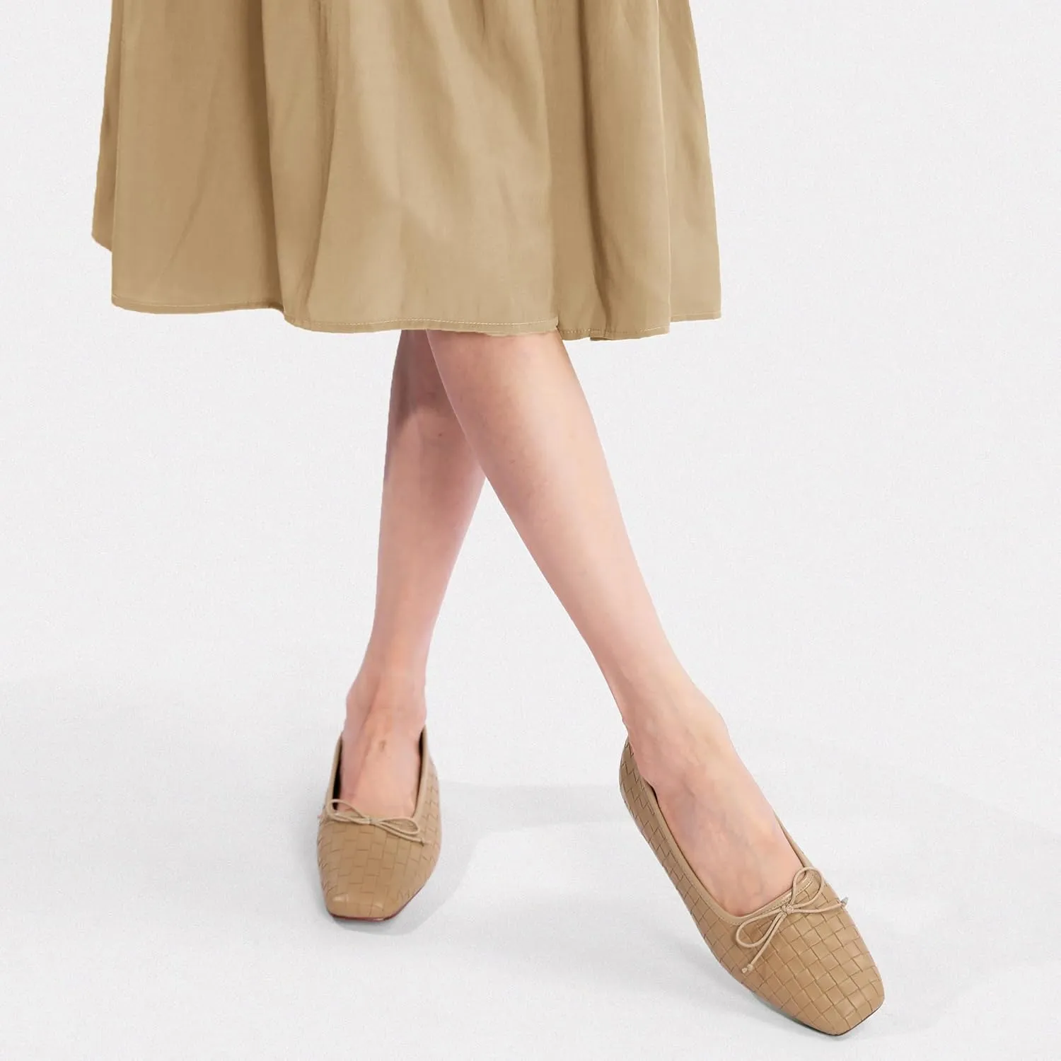 Woven Ballet Flats for Women Bow Square Toe Ballerina Shoes