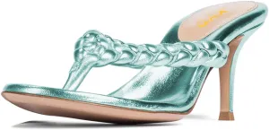 XYD Women Braided Strap Flip Fliops Almond Open Toe Thin Mid Heel Sandals Summer Chic Slip-on Thong Dress Shoes