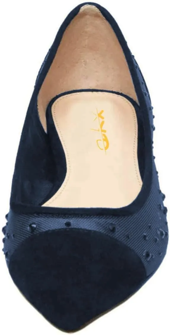 XYD Women Pointed Toe Mesh Crystals Flats Cap Toe Slip On Slight Low Heel Mother of Bridal Dance Comfort Shoes