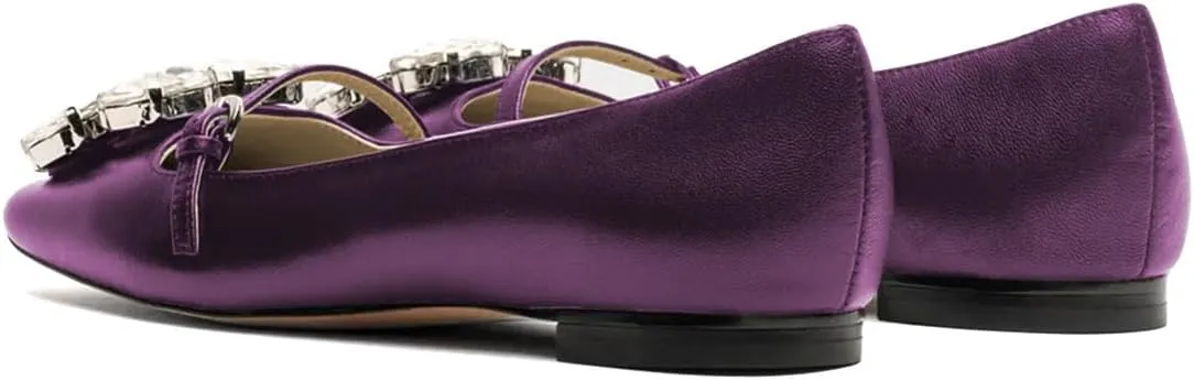 XYD Women Square Toe Mary Jane Flats Dazzled Rhinestones Crystals Buckled Slender Strap Casual Dressy Shoes